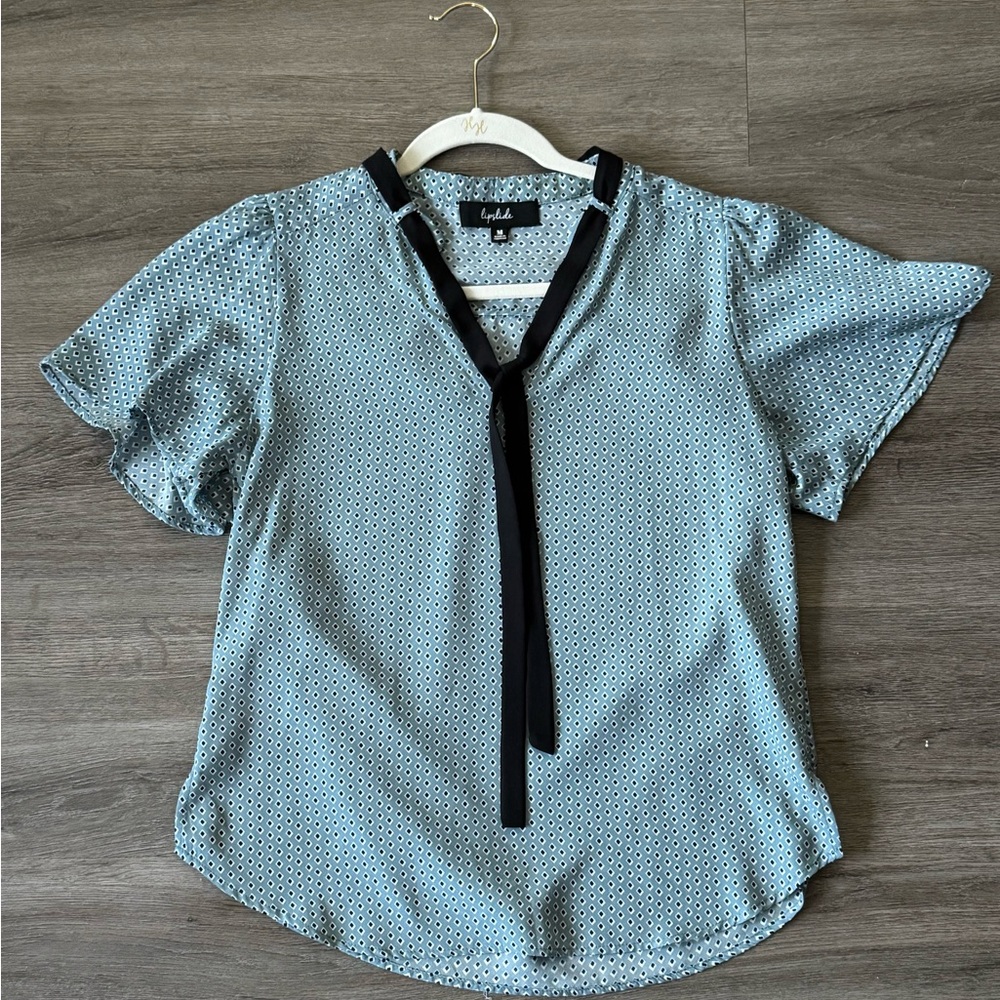 Blue and Green Short Sleeve Tie Front Blouse